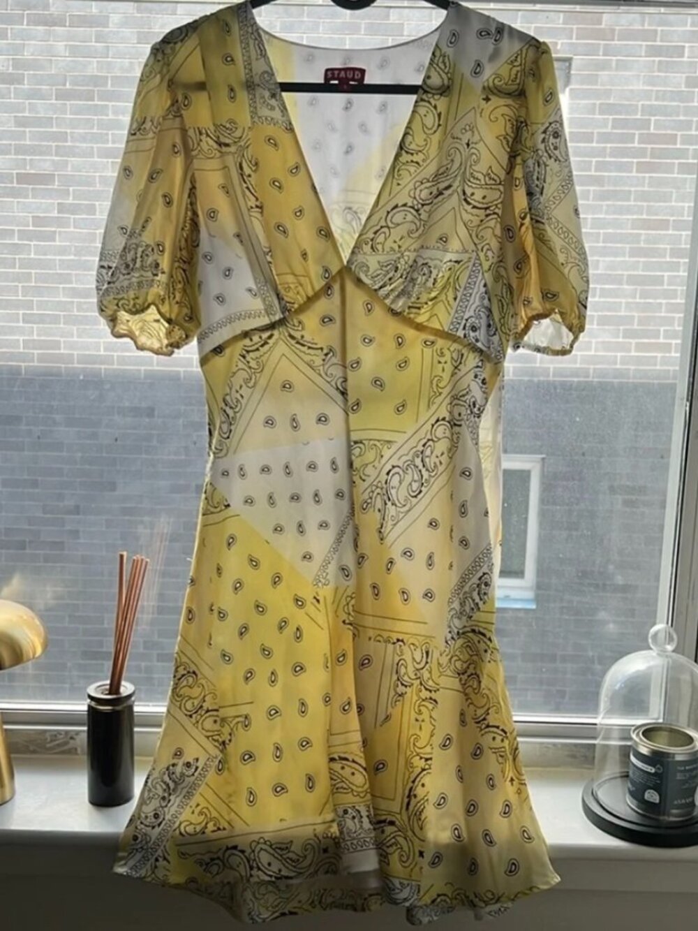 Staud Dress Yellow and White Paisley Print Mini Dress